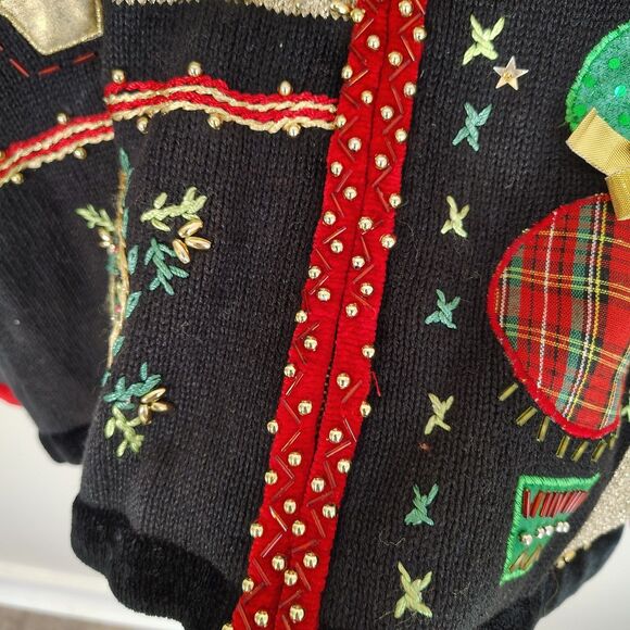 Christmas Cardigan Sweater Patchwork Cardinals Beaded Embellished Holiday PXL - Picture 11 of 11